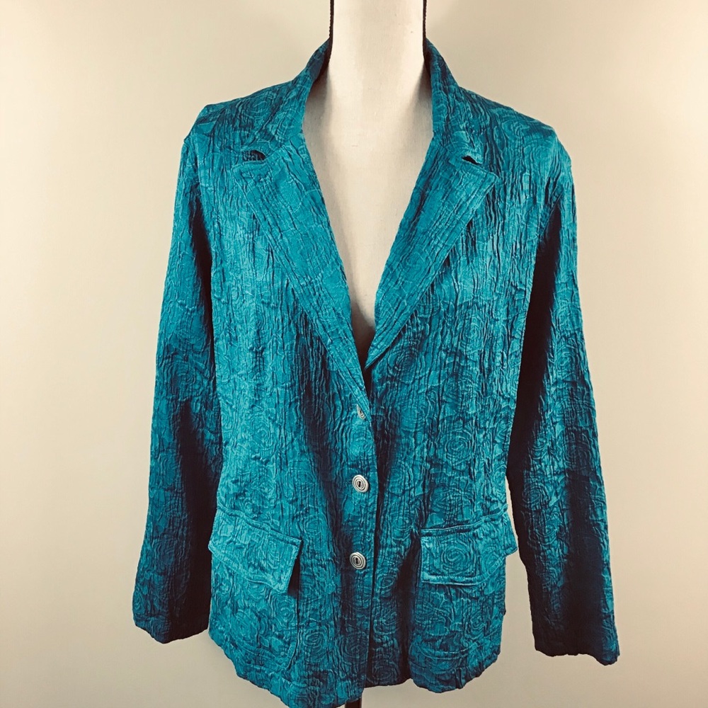 Chico’s Turquoise Blue tonal rose blazer sz 12 (2)